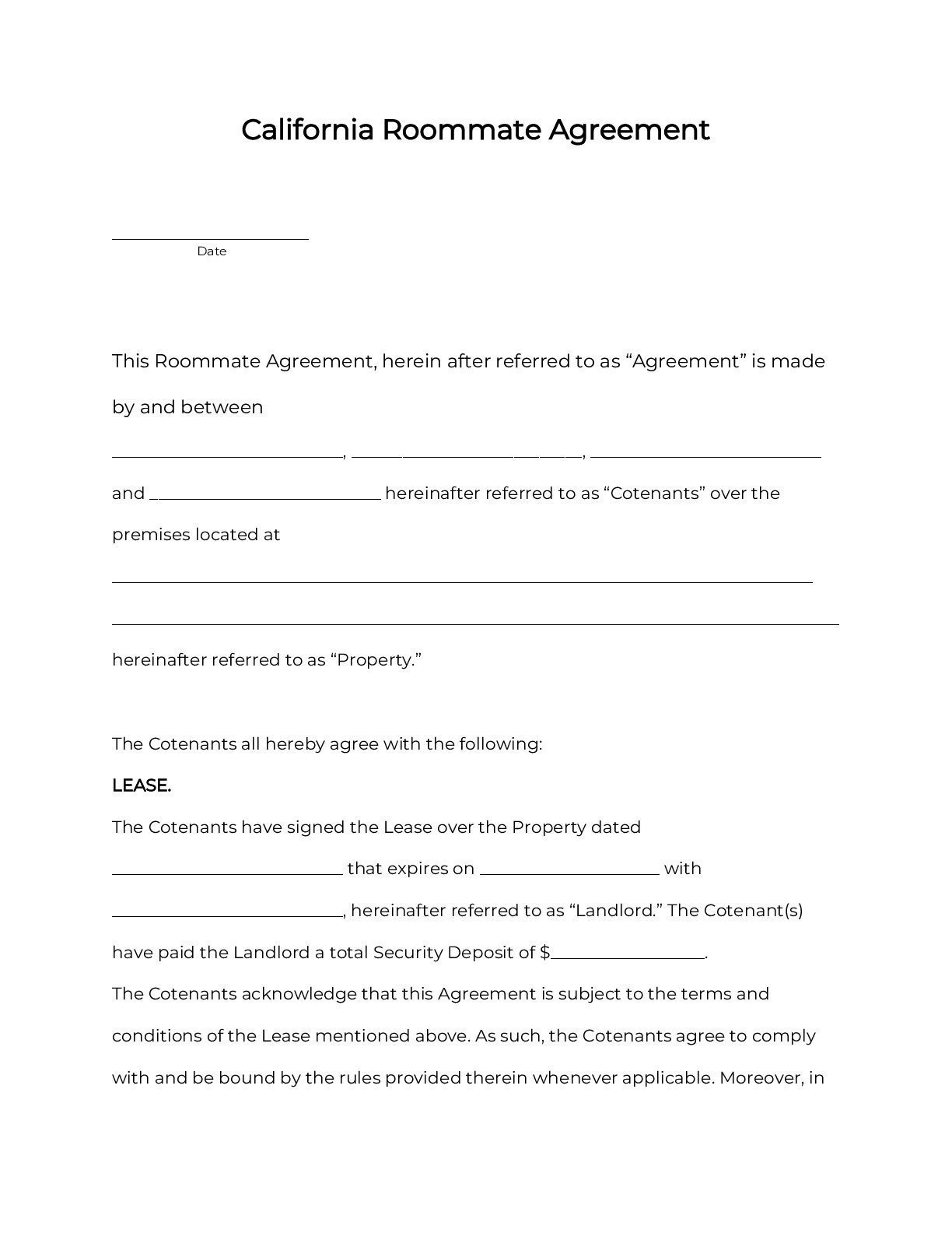 Room Rental Agreement California Template