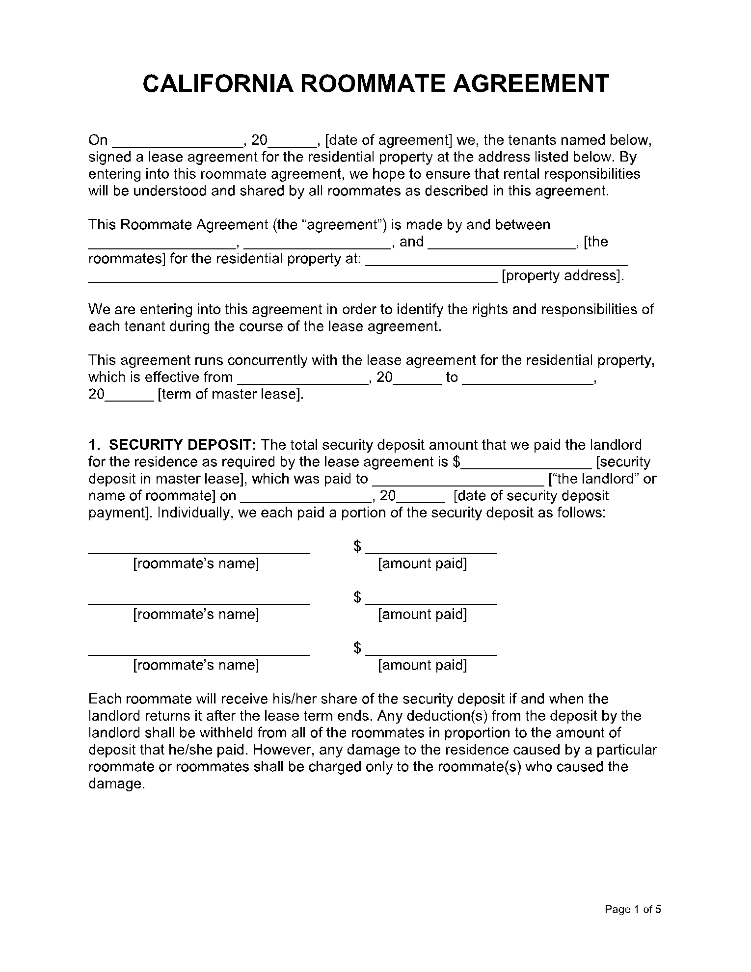 Room Rental Agreement Template California