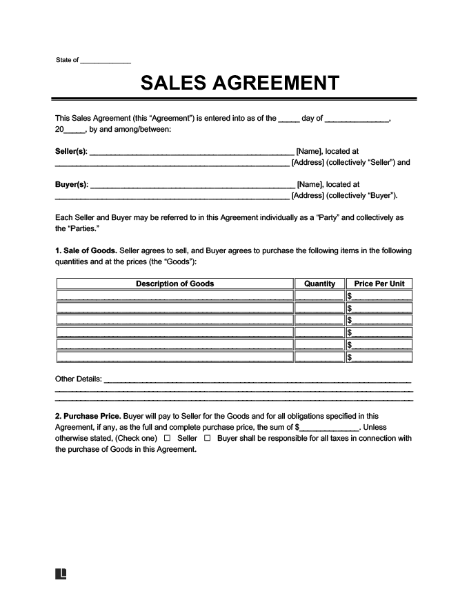 Sales Agreement Template Free Sales Contract Sample