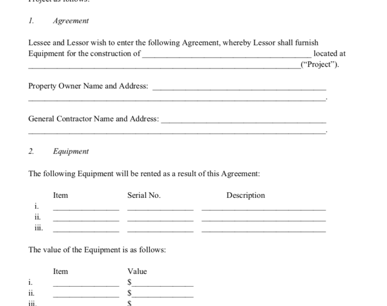 Sample Equipment Rental Agreement Template