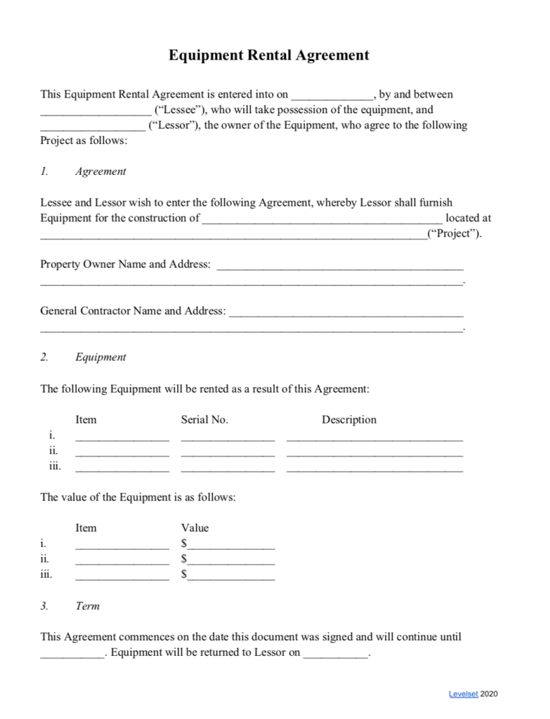 Sample Equipment Rental Agreement Template