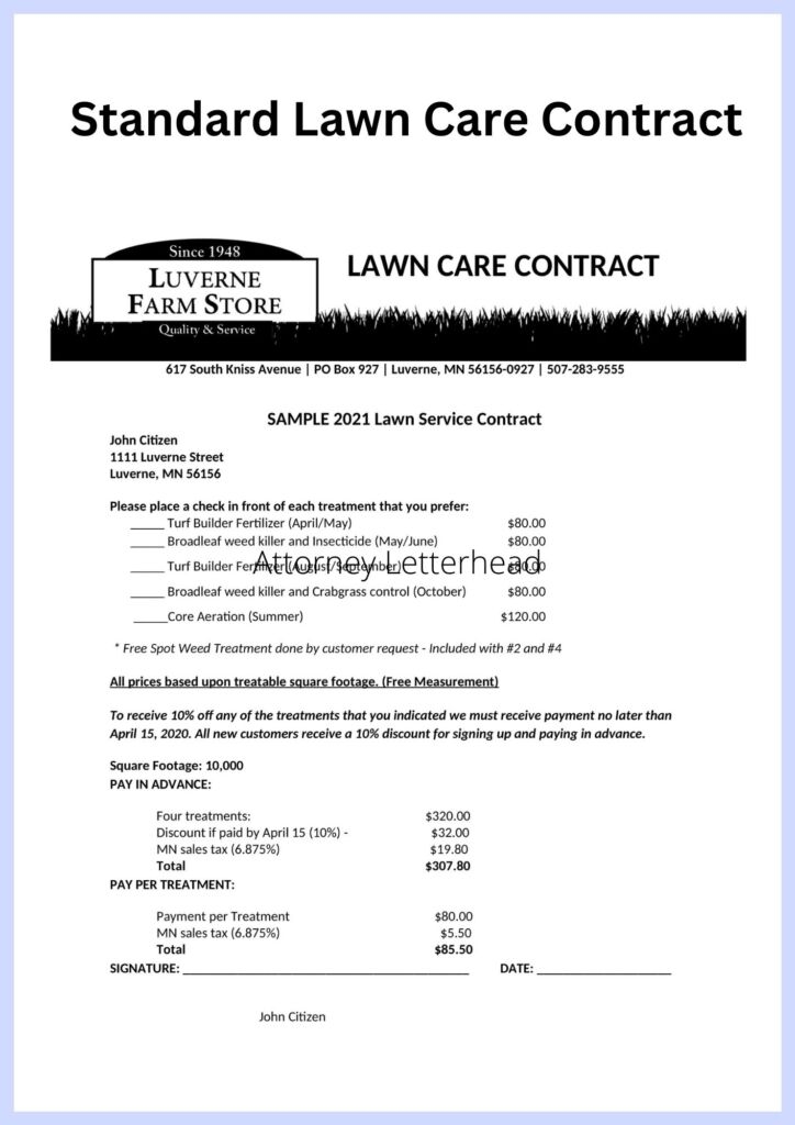 Sample Printable Lawn Care Contract Forms Template 2023