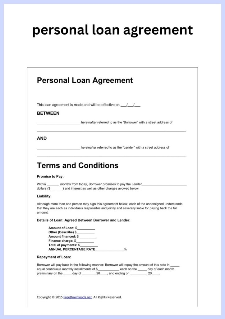 Sample Printable Personal Loan Agreement Forms Template 2023