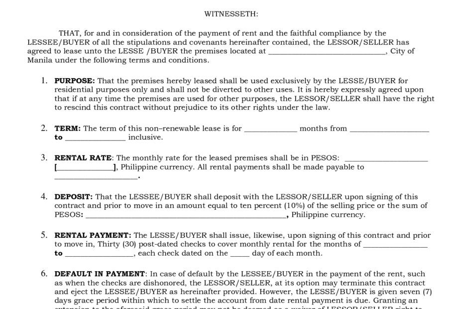 Sample Rent To Own Lease Agreement Free Printable Documents