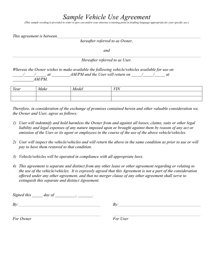 Sample Vehicle Use Agreement In Word And Pdf Formats