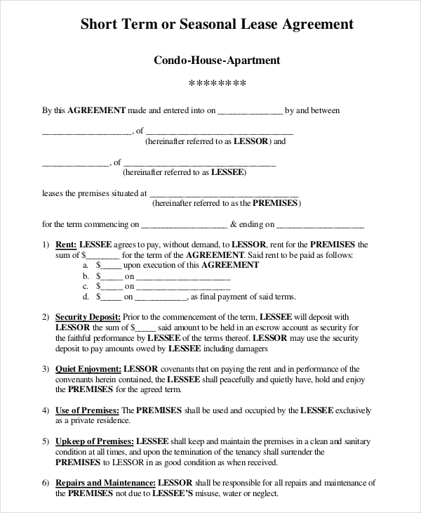 Short Term Rental Agreement 12 Free Word PDF Documents Download