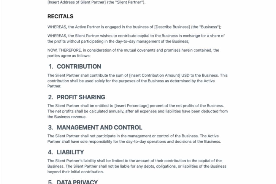 Silent Partnership Agreement Template Free Silent Partnership Agreement