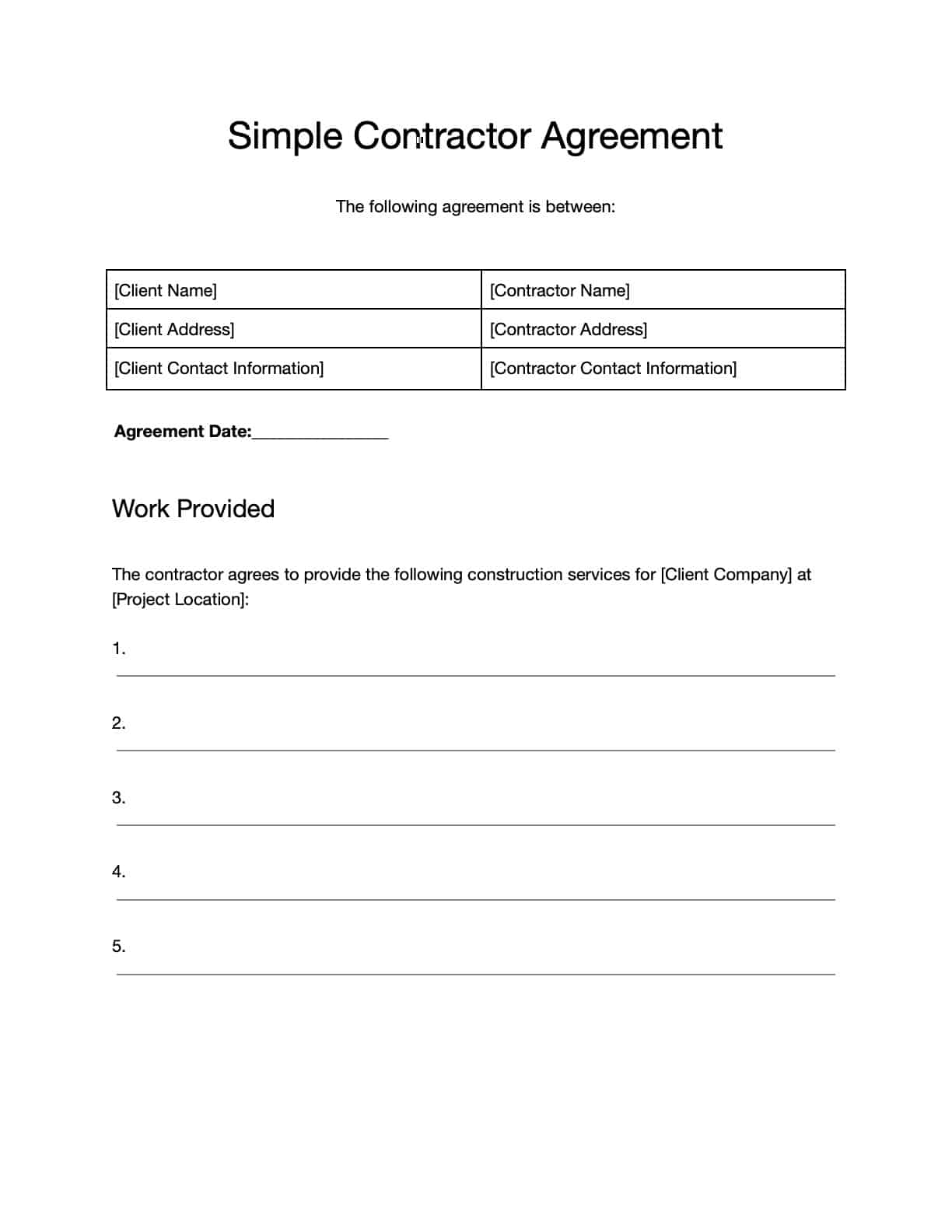 Simple Contract Agreement Templates Contract Agreement Forms