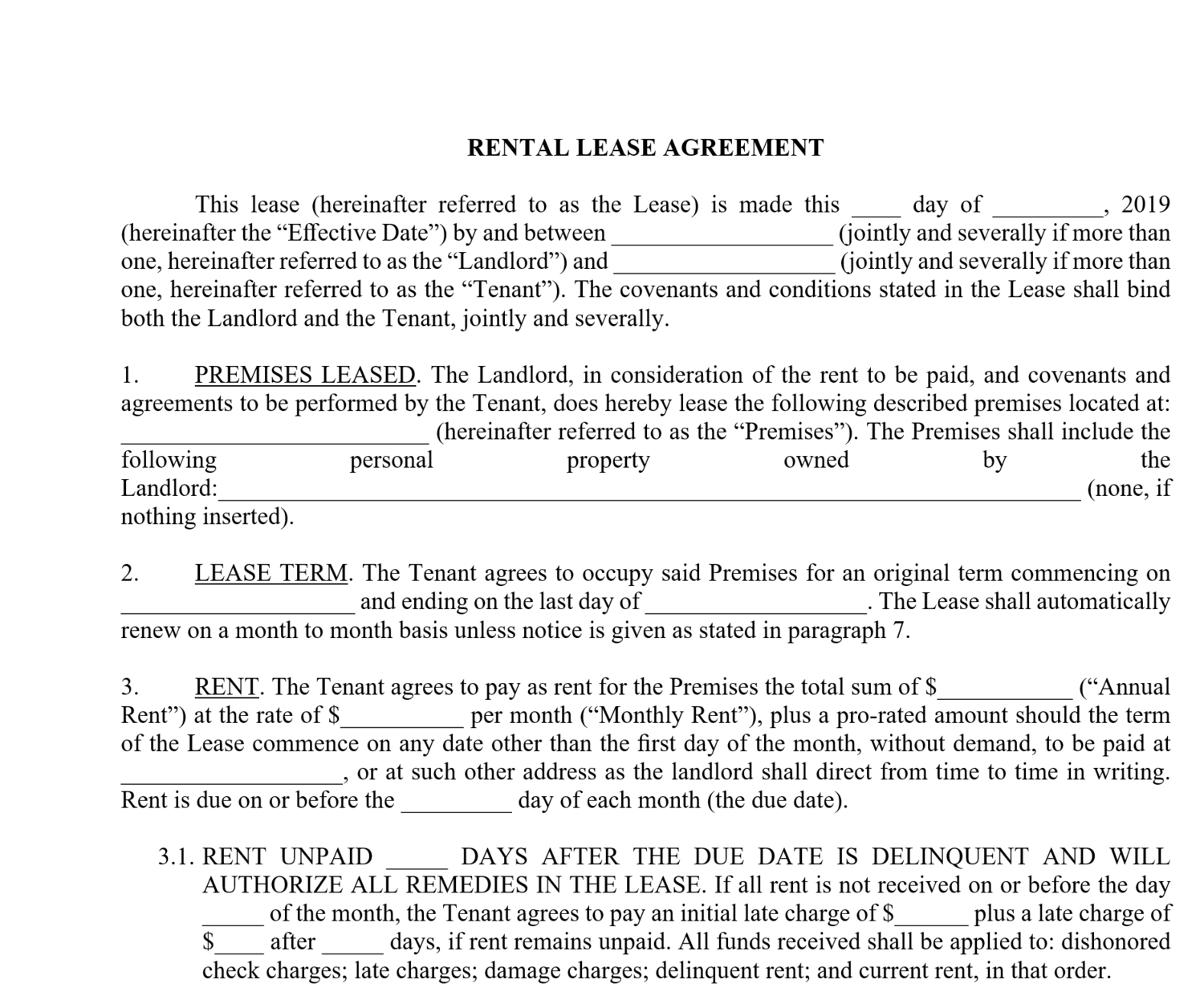 Simple Printable Lease Agreement