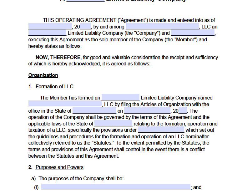 Single Member Llc Operating Agreement Template Free Printable Templates