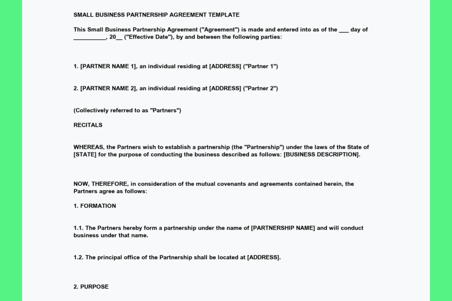 Small Business Partnership Agreement Template
