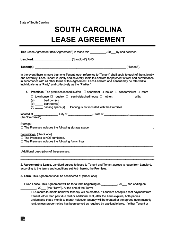 South Carolina Residential Lease Agreement Legal Templates