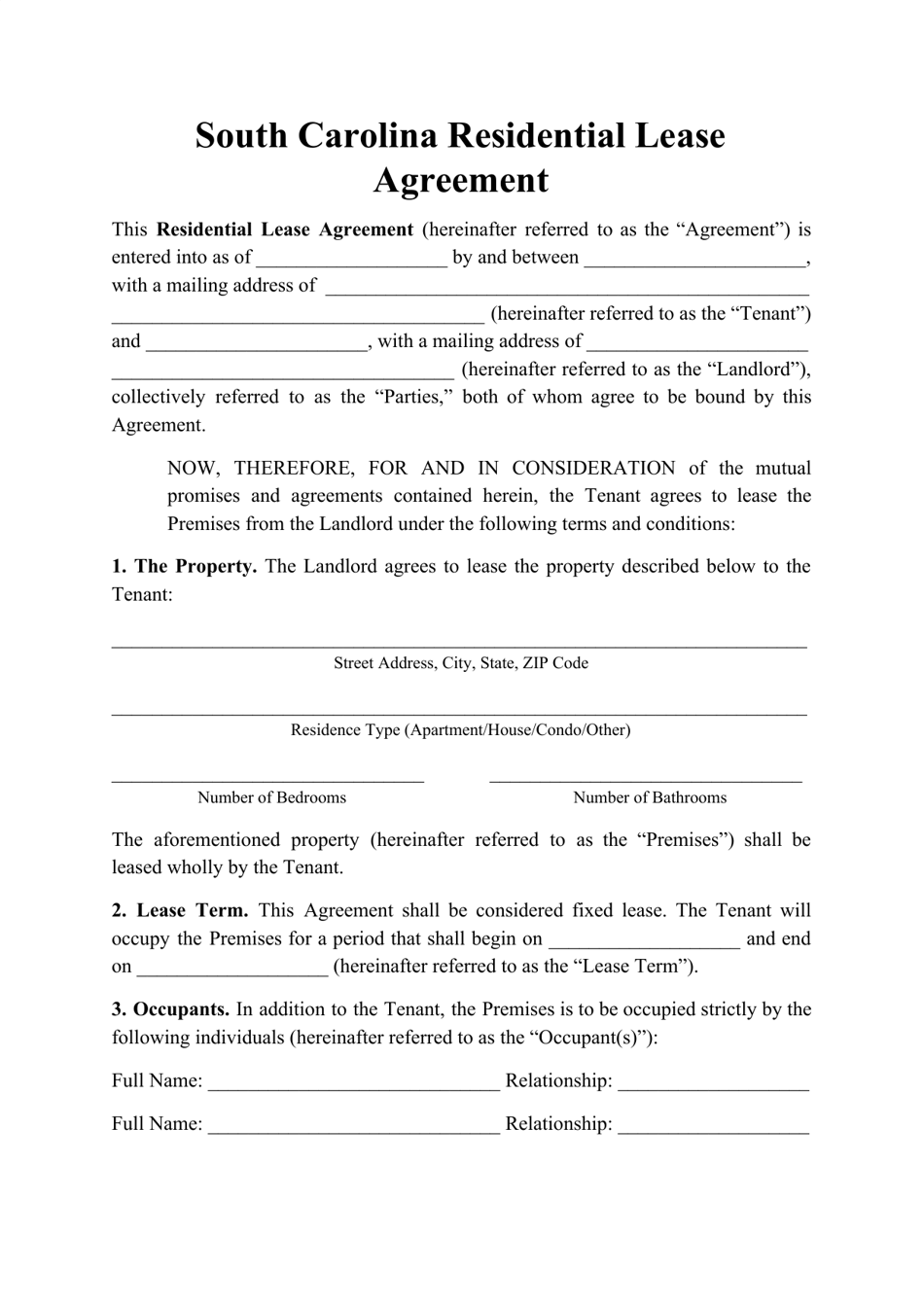 South Carolina Residential Lease Agreement Template Fill Out Sign 
