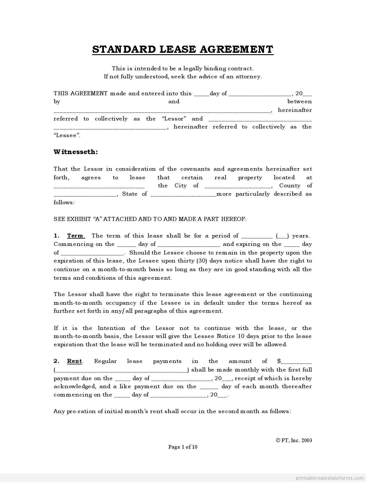 Standard Free Printable Lease Agreement Free Templates Printable