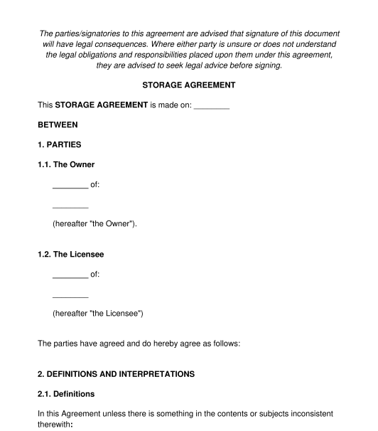 Storage Agreement Sample Template Word PDF