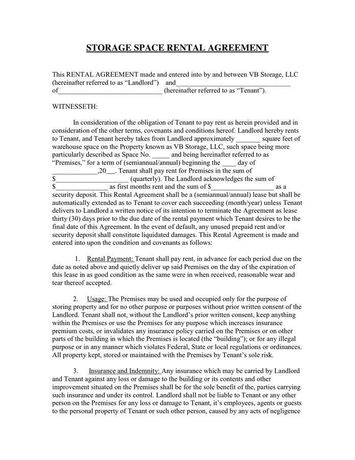 Storage Rental Agreement Template