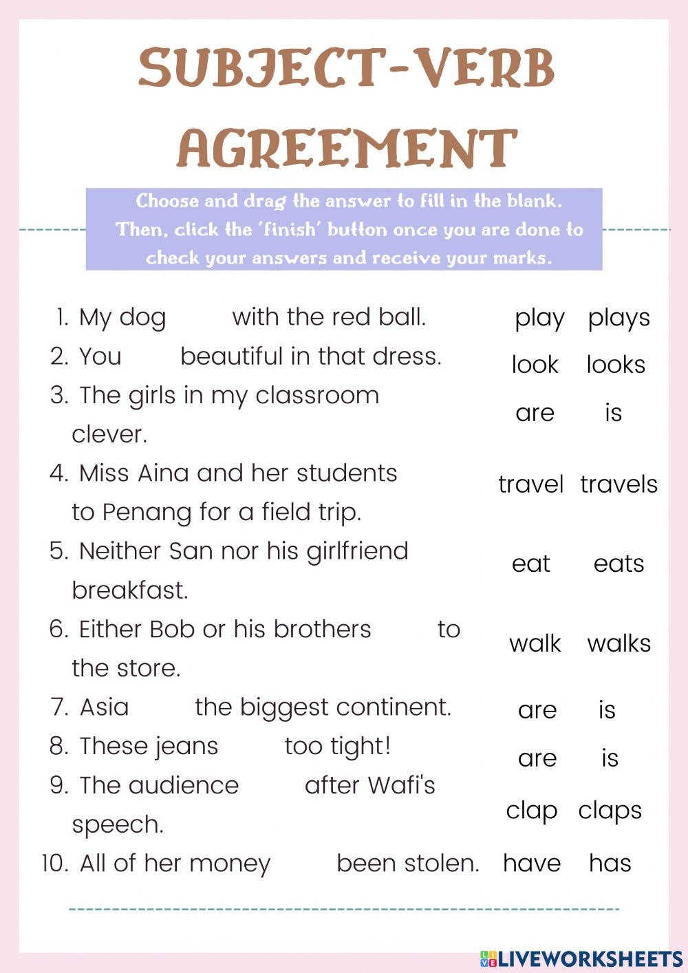 Subject Verb Agreement Exercise Worksheet Live Worksheets 