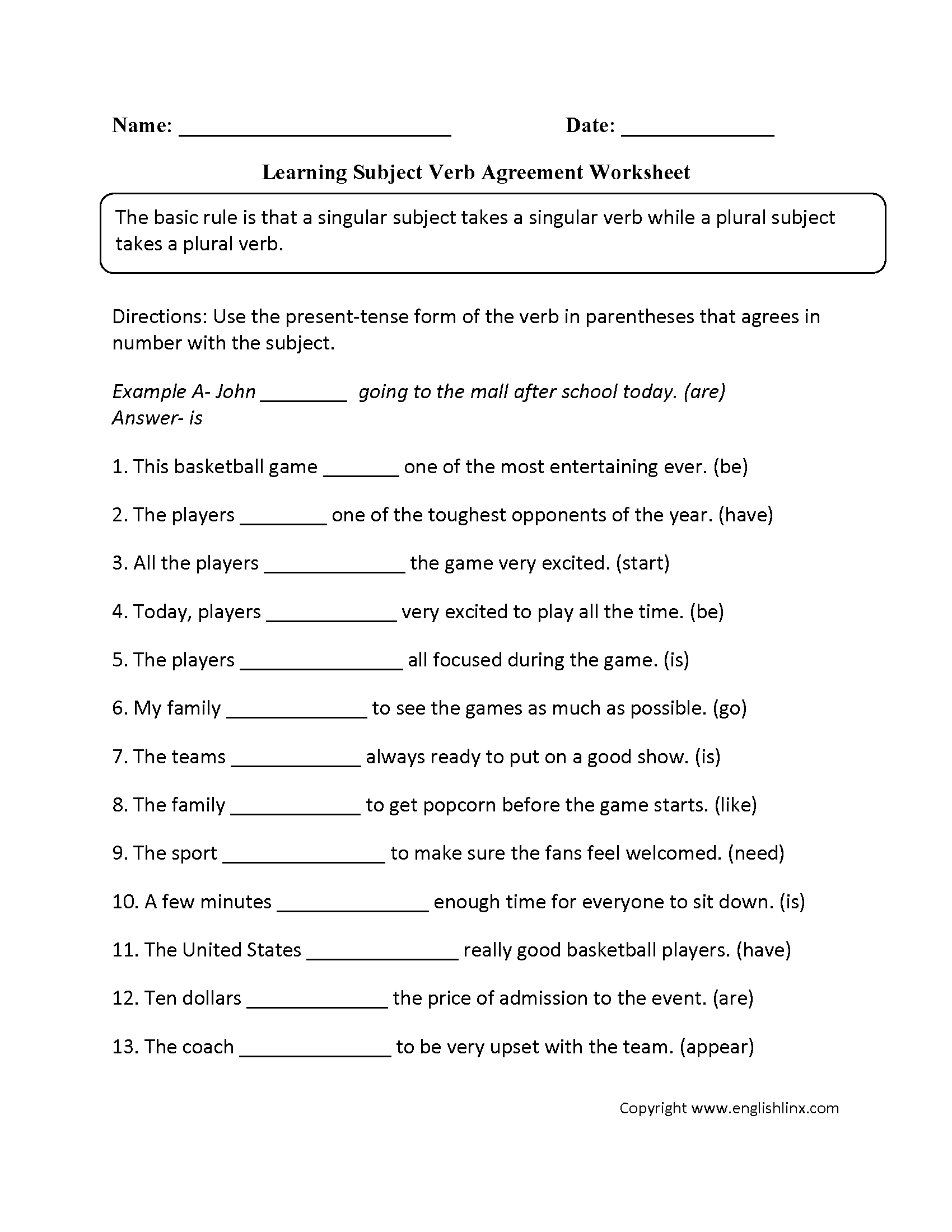 Subject Verb Agreement Printable Worksheets High School Printable 