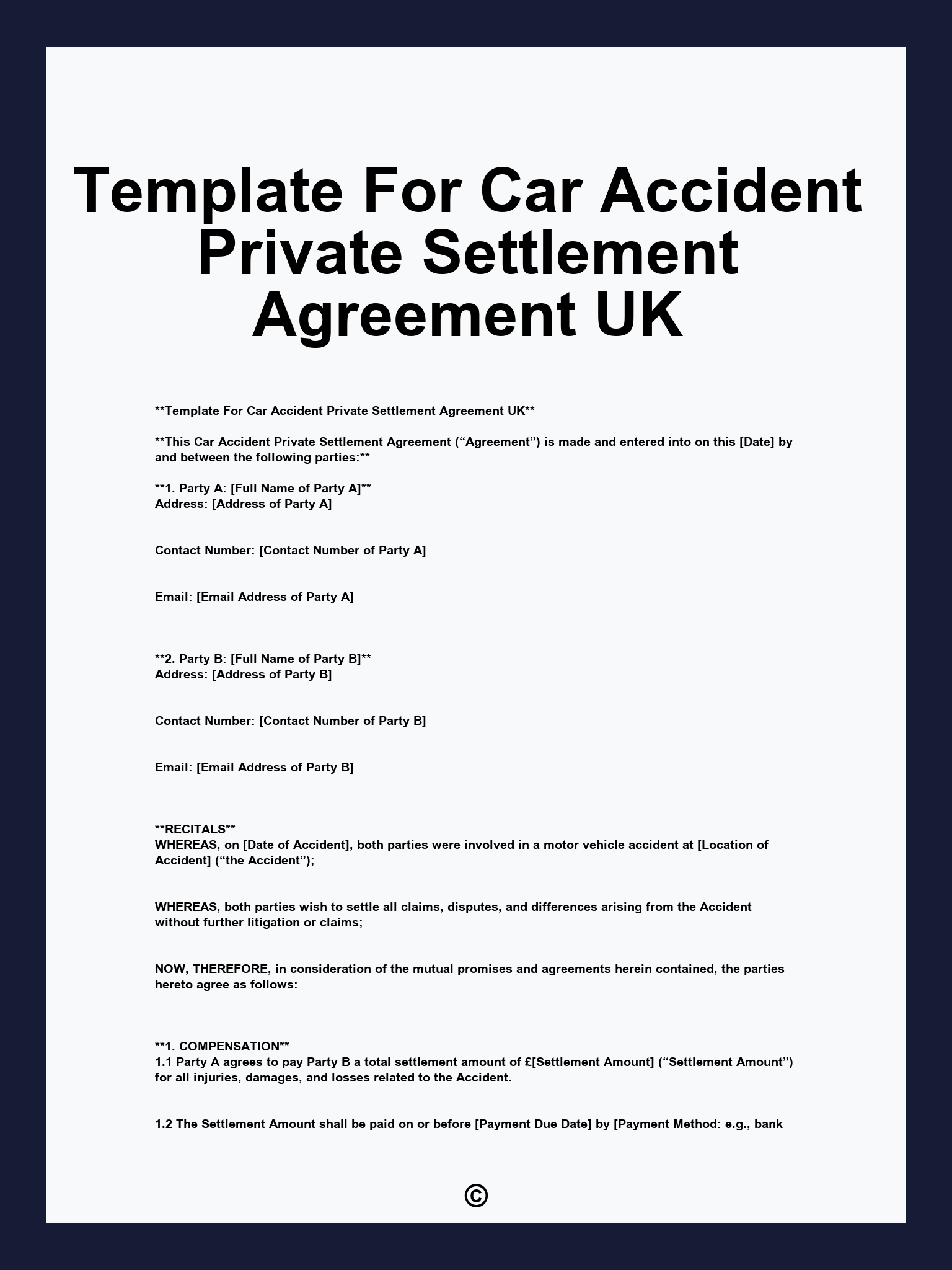 Template For Car Accident Private Settlement Agreement UK