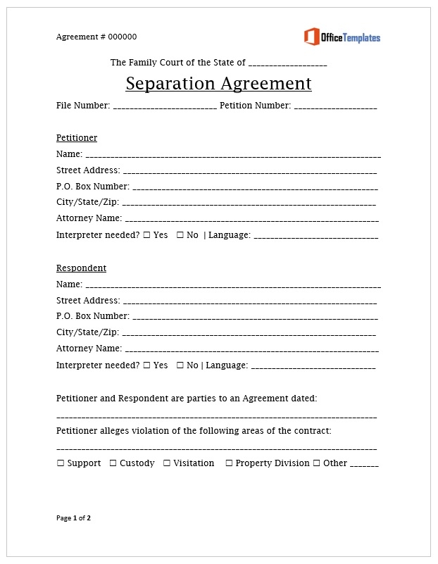 Template For Separation Agreement