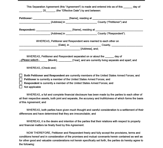 Template Printable Do It Yourself Separation Agreement Free Templates