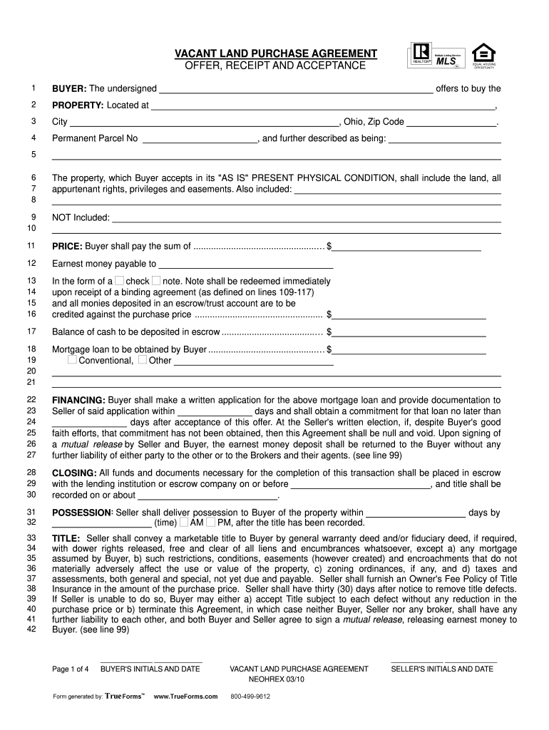 Vacant Land Purchase Agreement Form Fill Online Printable Fillable 