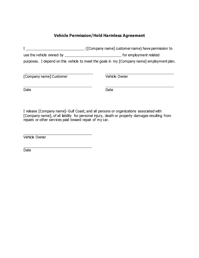 Vehicle Hold Harmless Agreement Template