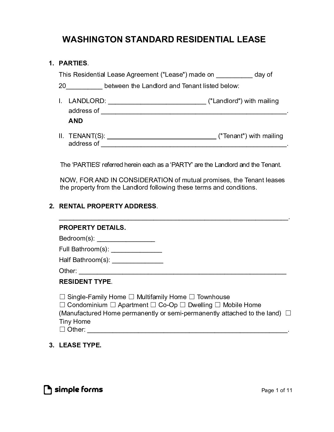 Washington State Rental Lease Agreement Templates Simple Forms