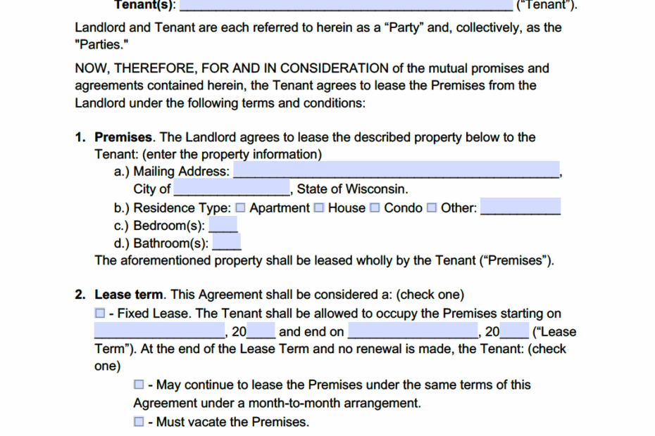 Wisconsin Rental Agreement Custom Free Printable Forms Printable